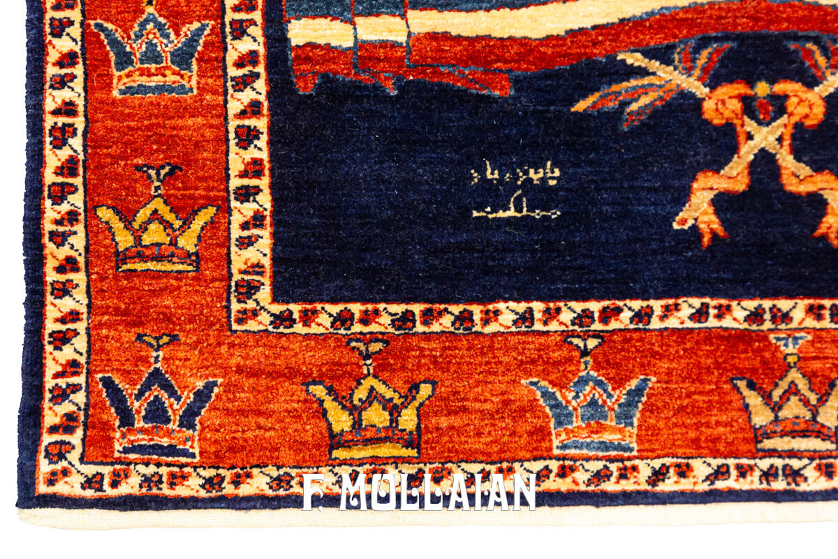 Tappeto Piccolo Persiano Kashkuli Sherkat Firmato con simbolo bandiera Pahlavi (107×100 cm)