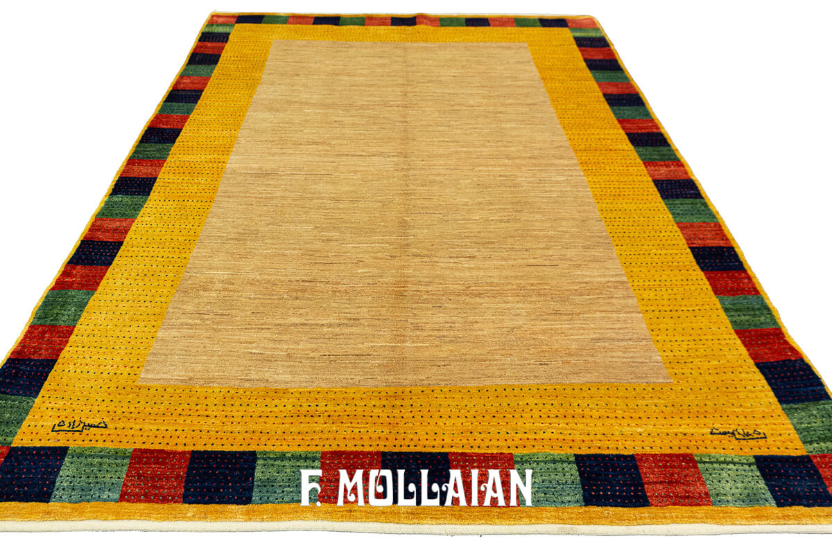 Persian Signed Gabbeh Royal Minimal Design Cream Color Field Rug (212×150 cm)