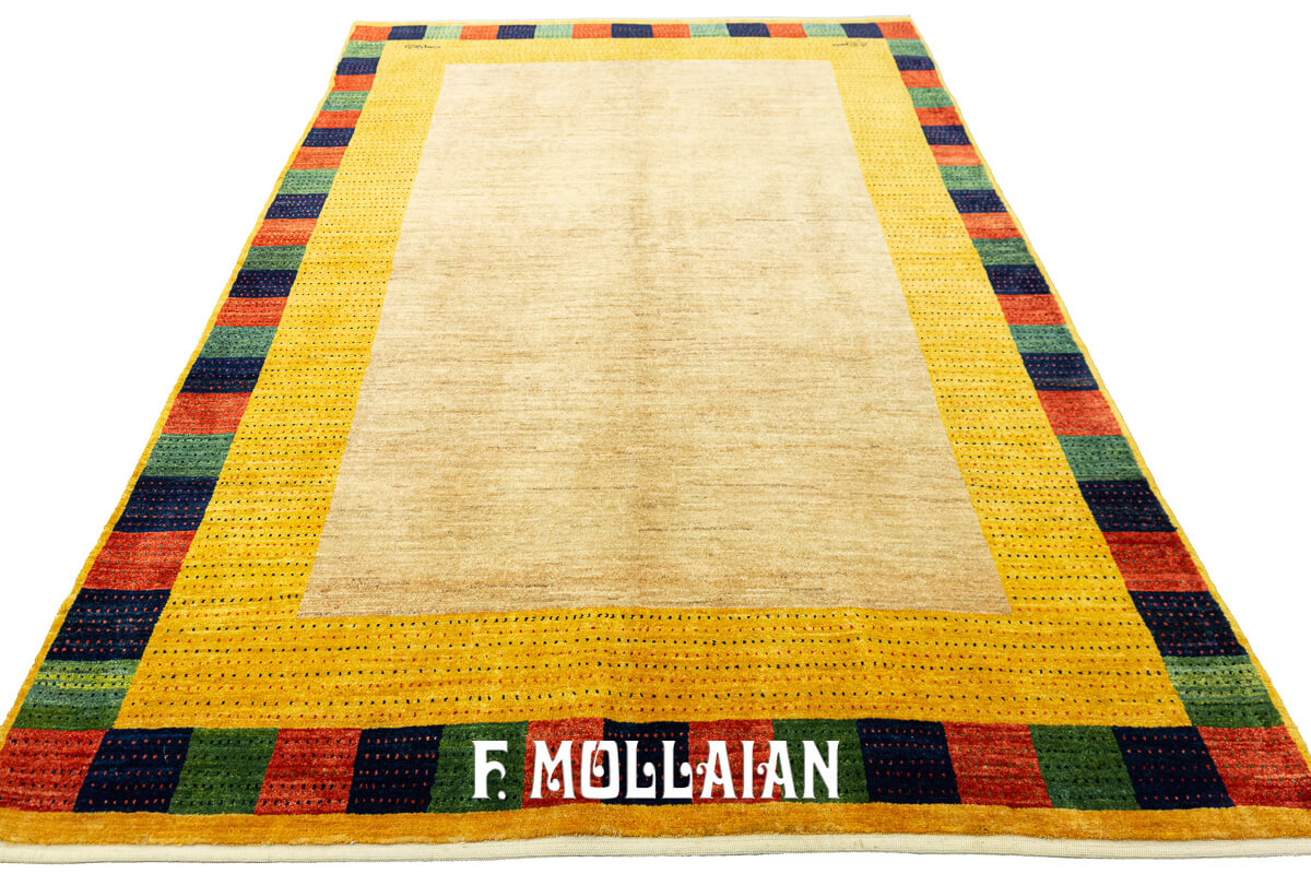 Persian Signed Gabbeh Royal Minimal Design Cream Color Field Rug (212×150 cm)