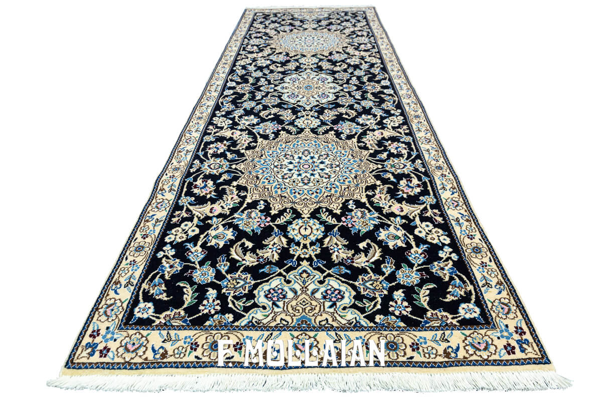 Tappeto persiano Nain per corridoio extra fine annodato a mano blu scuro (224×78 cm)