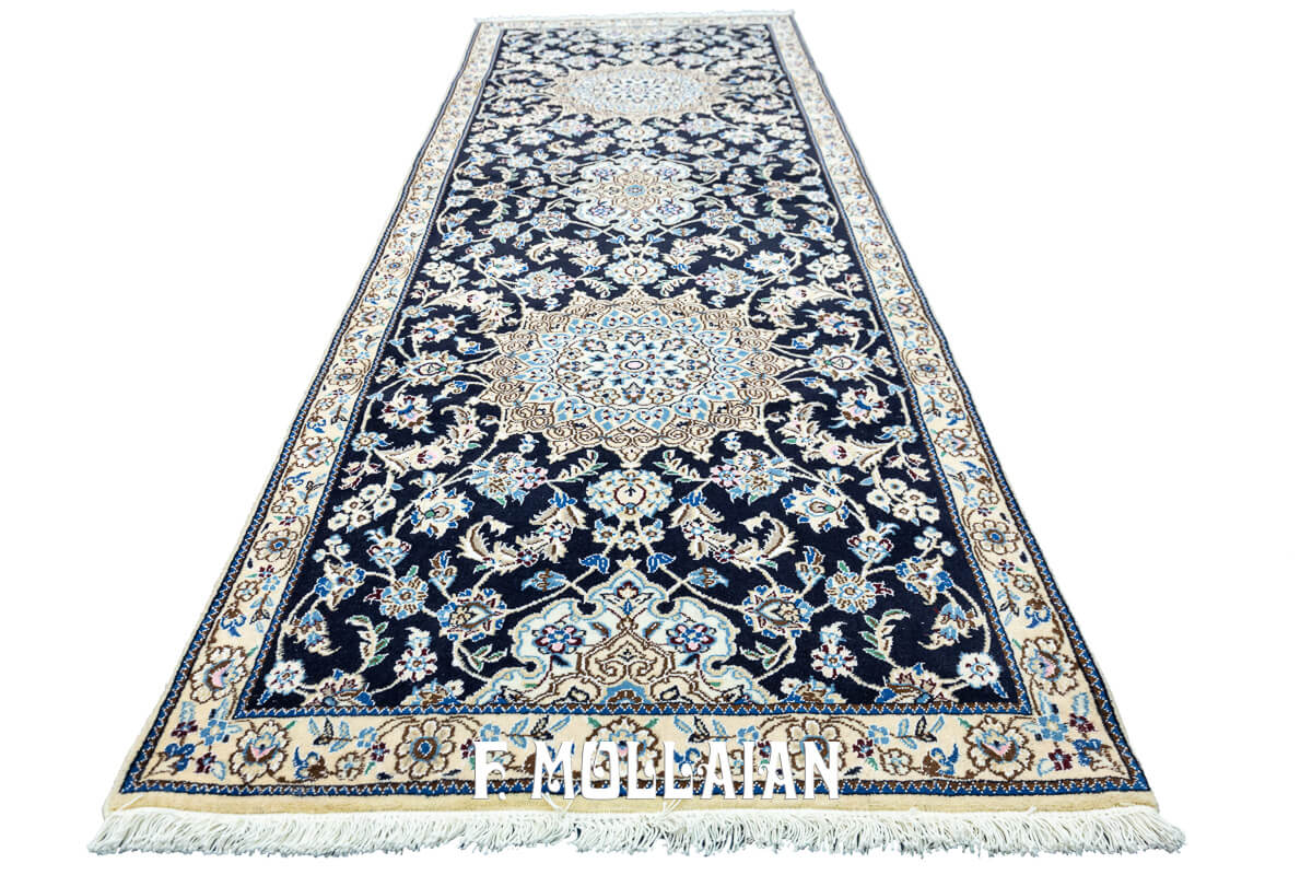 Tappeto persiano Nain per corridoio extra fine annodato a mano blu scuro (224×78 cm)