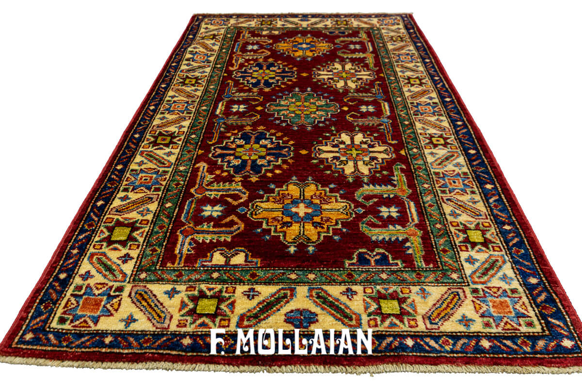 Tappeto di design reale uzbeko annodato a mano fondo rosso (125×79 cm)