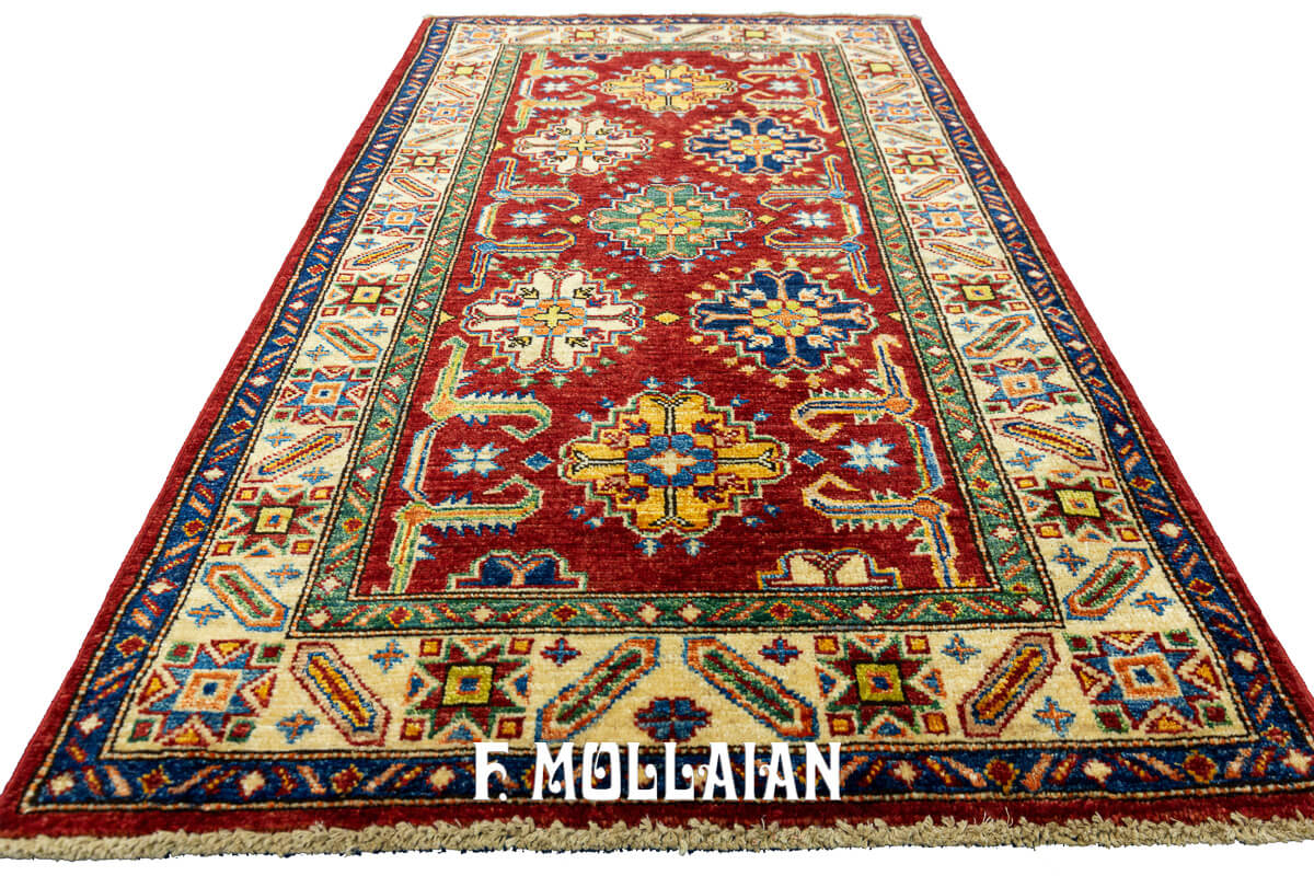Tappeto di design reale uzbeko annodato a mano fondo rosso (125×79 cm)