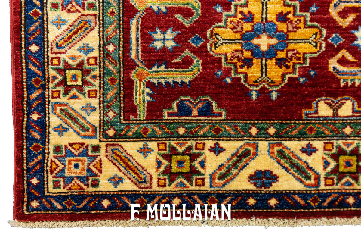 Tappeto di design reale uzbeko annodato a mano fondo rosso (125×79 cm)