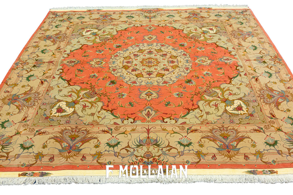 Square-Shape Signed and Very Fine Knotted Persian Tabriz Part Silk Rug (200×197 cm)