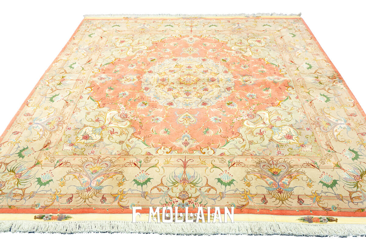 Square-Shape Signed and Very Fine Knotted Persian Tabriz Part Silk Rug (200×197 cm)